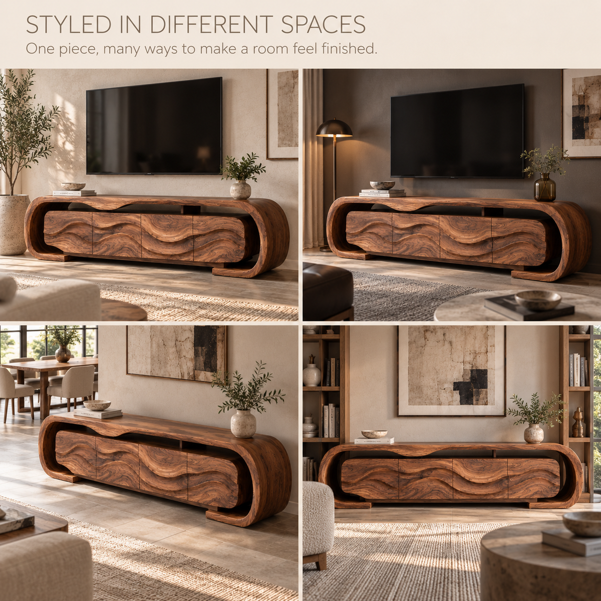 Maren Sculptural Solid Wood TV Stand - Design 097 - product detail and styling view 9