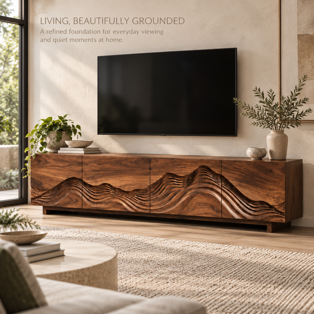 Solene Sculptural Solid Wood TV Stand - Design 098 - main lifestyle view