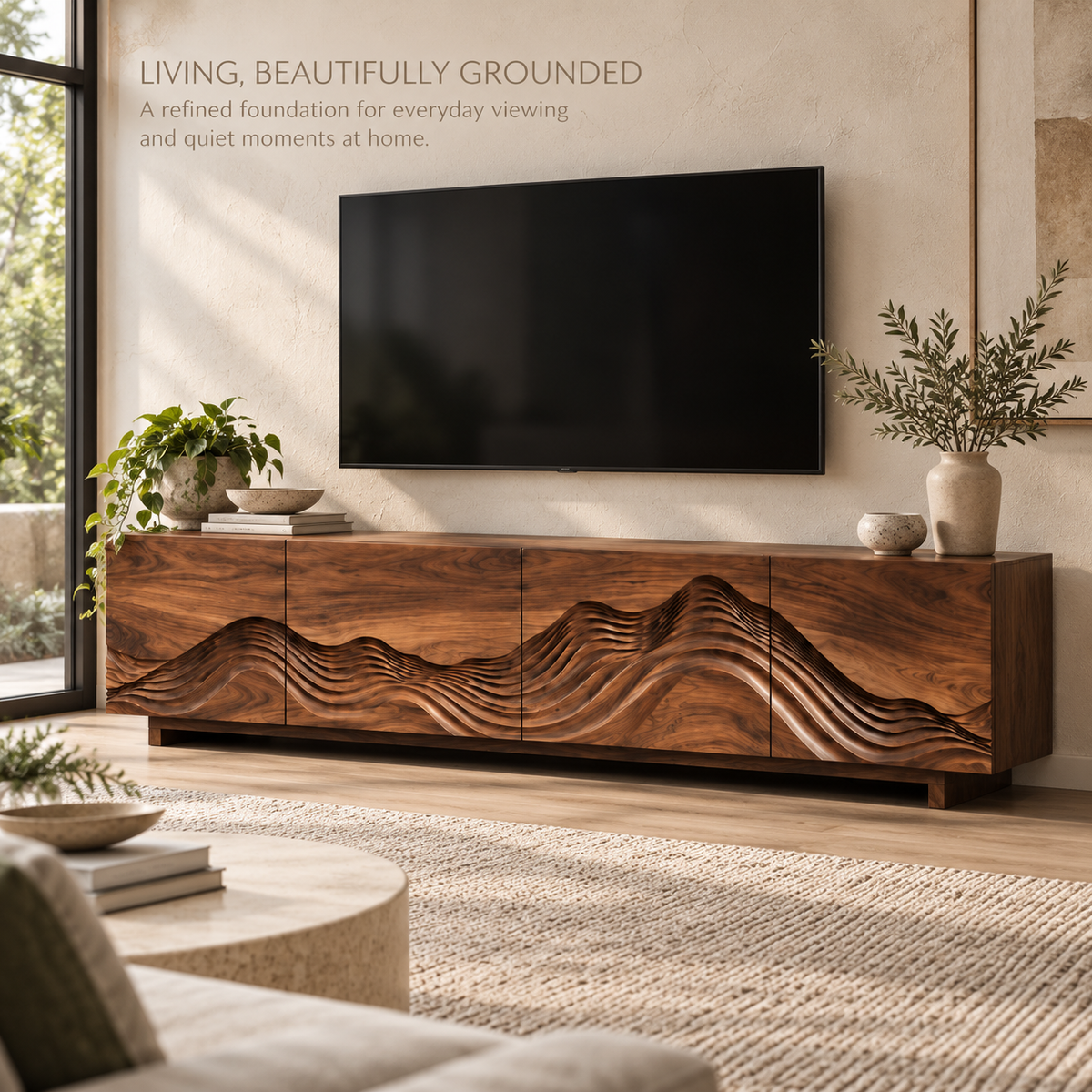 Solene Sculptural Solid Wood TV Stand - Design 098 - main lifestyle view