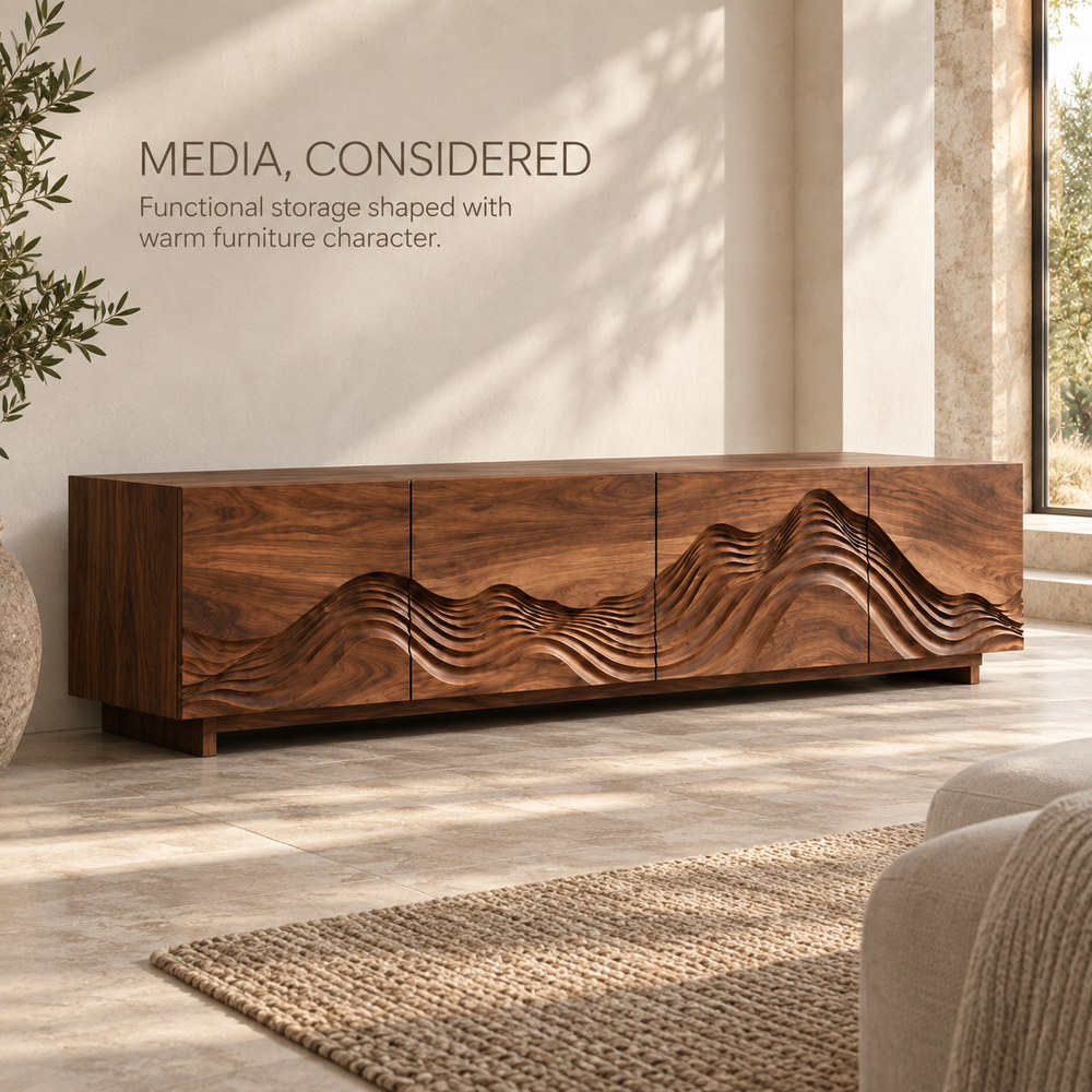 Solene Sculptural Solid Wood TV Stand - Design 098 - product detail and styling view 2