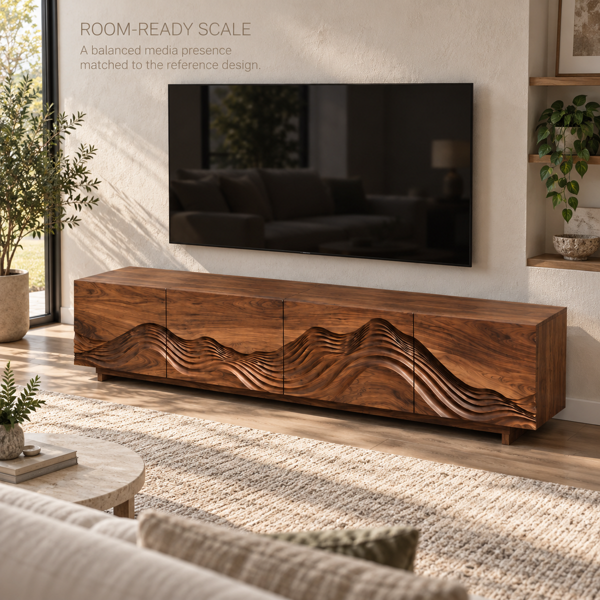 Solene Sculptural Solid Wood TV Stand - Design 098 - product detail and styling view 3