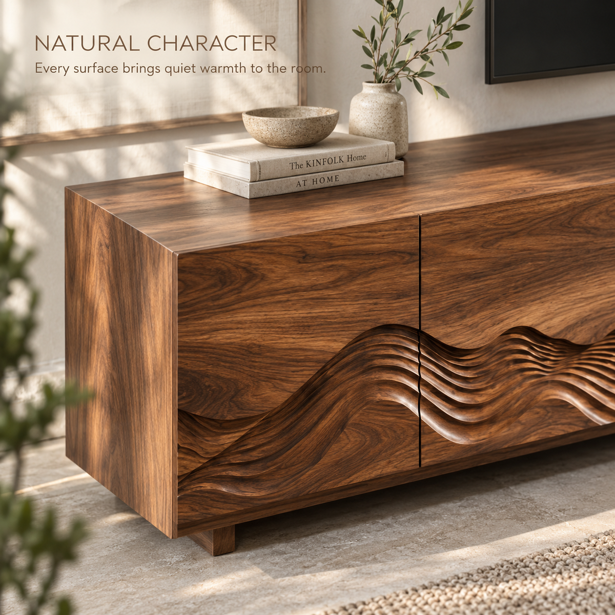 Solene Sculptural Solid Wood TV Stand - Design 098 - product detail and styling view 4