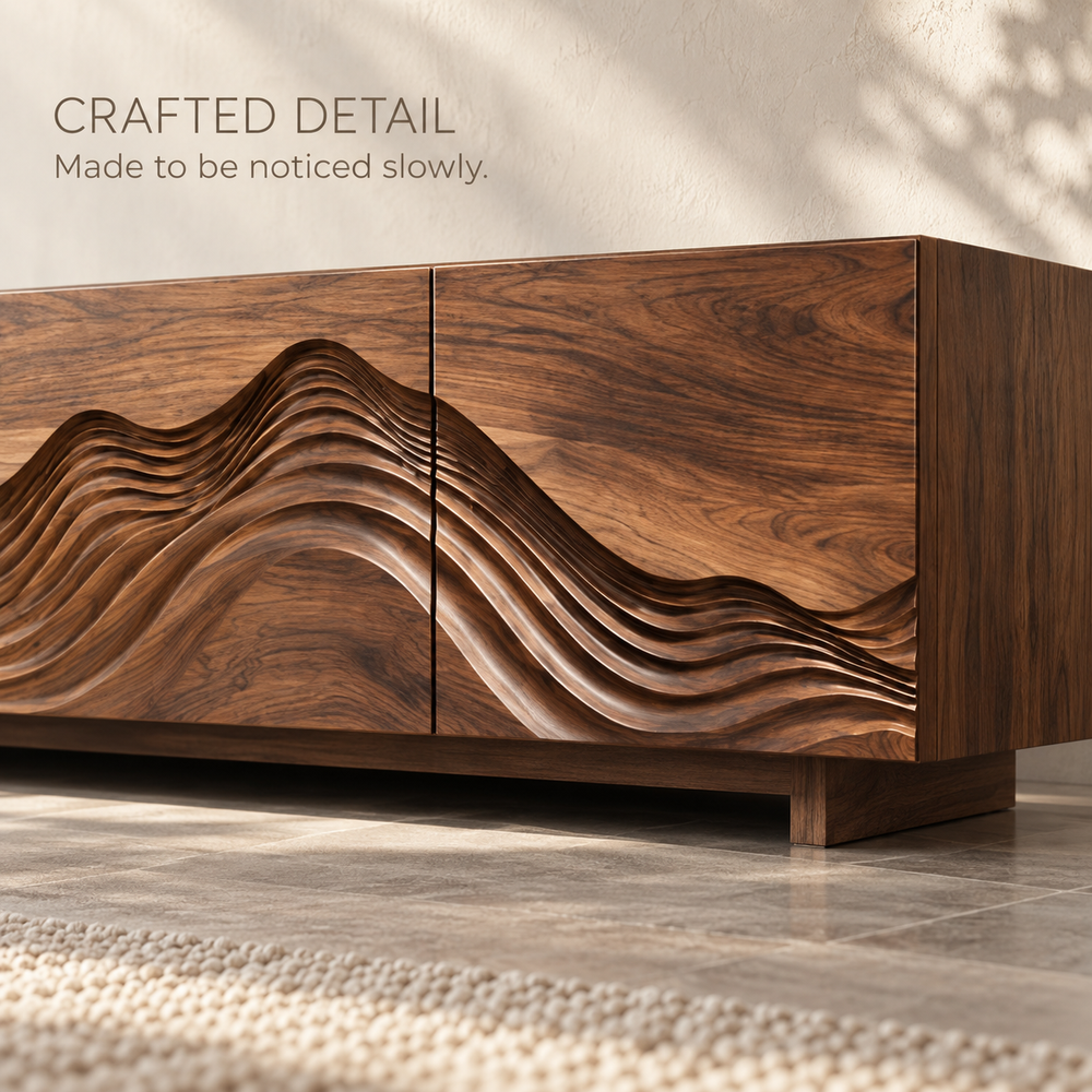 Solene Sculptural Solid Wood TV Stand - Design 098 - product detail and styling view 5
