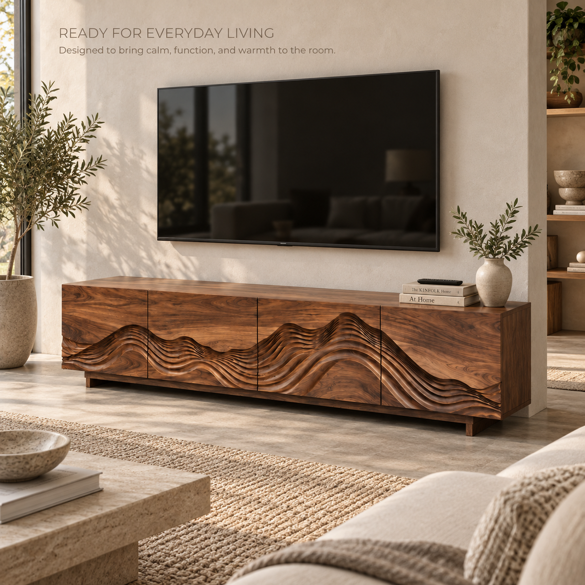 Solene Sculptural Solid Wood TV Stand - Design 098 - product detail and styling view 6