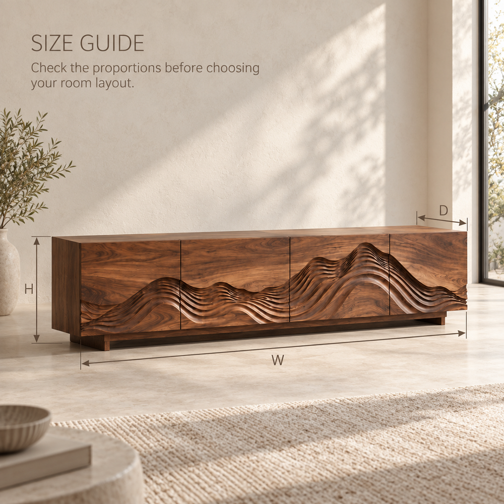 Solene Sculptural Solid Wood TV Stand - Design 098 - product detail and styling view 7