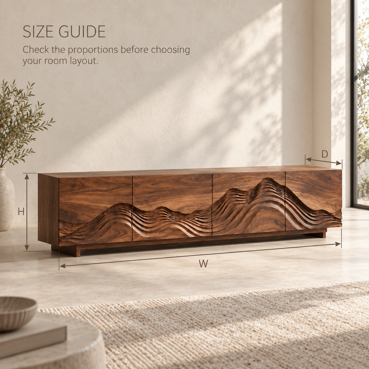 Solene Sculptural Solid Wood TV Stand - Design 098 - product detail and styling view 7