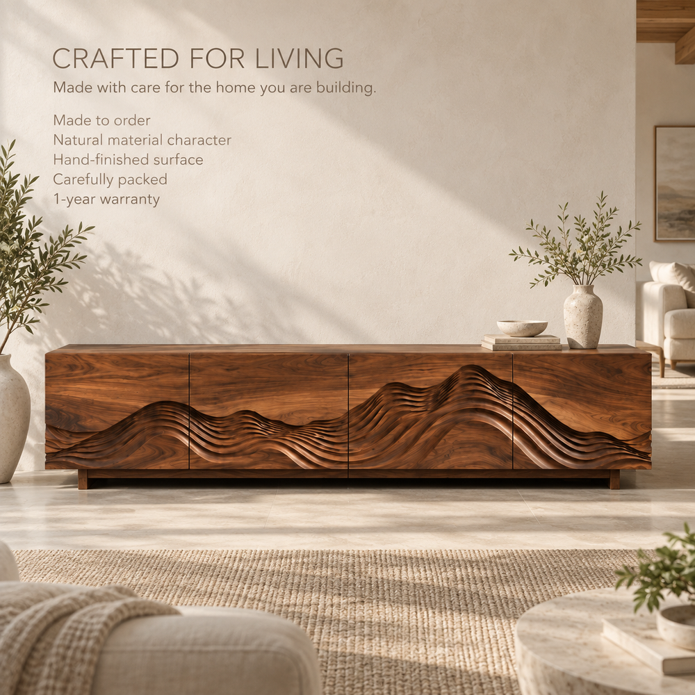 Solene Sculptural Solid Wood TV Stand - Design 098 - product detail and styling view 8
