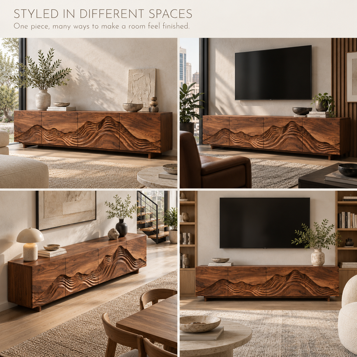 Solene Sculptural Solid Wood TV Stand - Design 098 - product detail and styling view 9