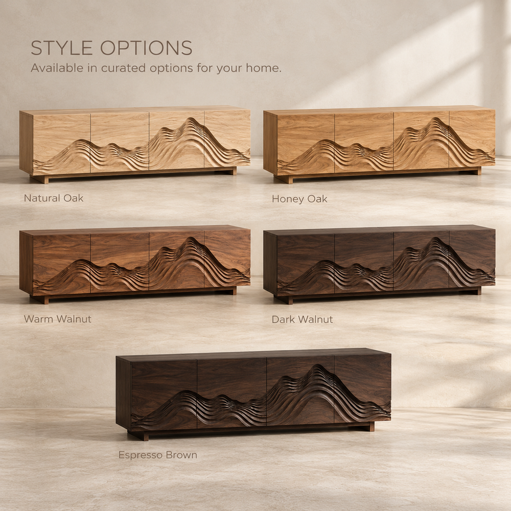 Solene Sculptural Solid Wood TV Stand - Design 098 - product detail and styling view 10