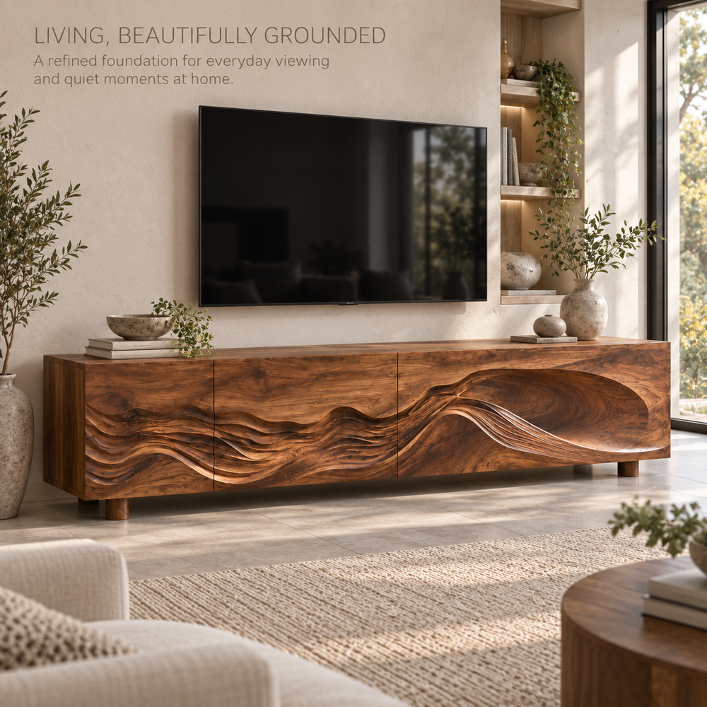 Avira Sculptural Solid Wood TV Stand - Design 099 - main lifestyle view