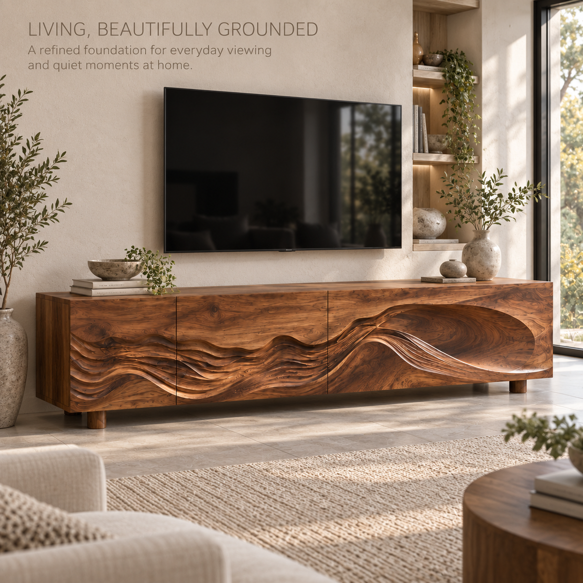 Avira Sculptural Solid Wood TV Stand - Design 099 - main lifestyle view