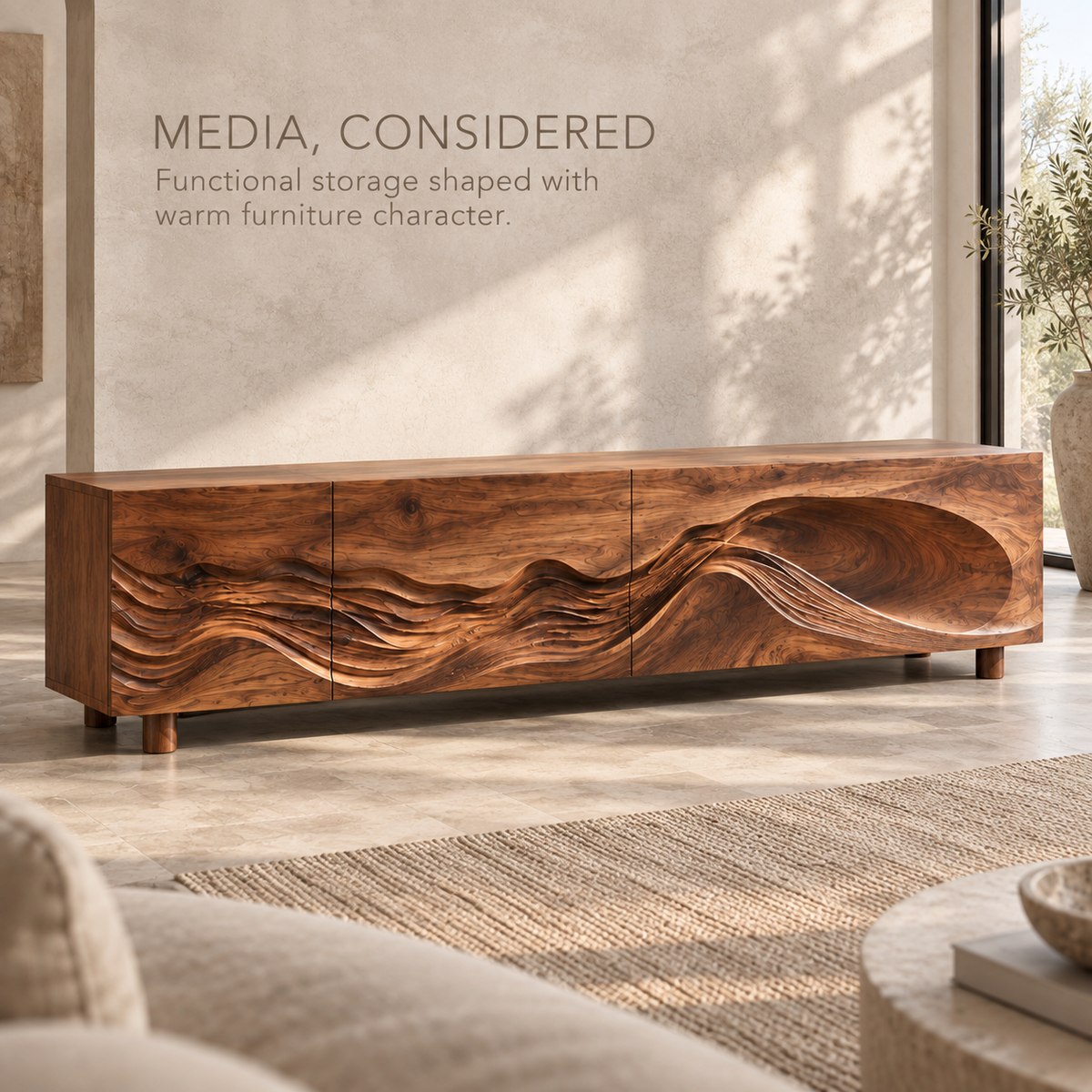 Avira Sculptural Solid Wood TV Stand - Design 099 - product detail and styling view 2