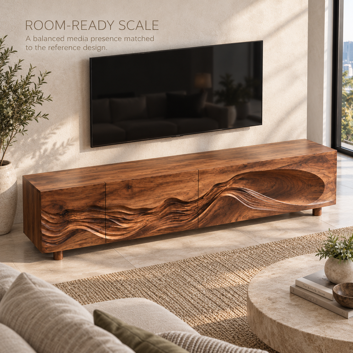 Avira Sculptural Solid Wood TV Stand - Design 099 - product detail and styling view 3