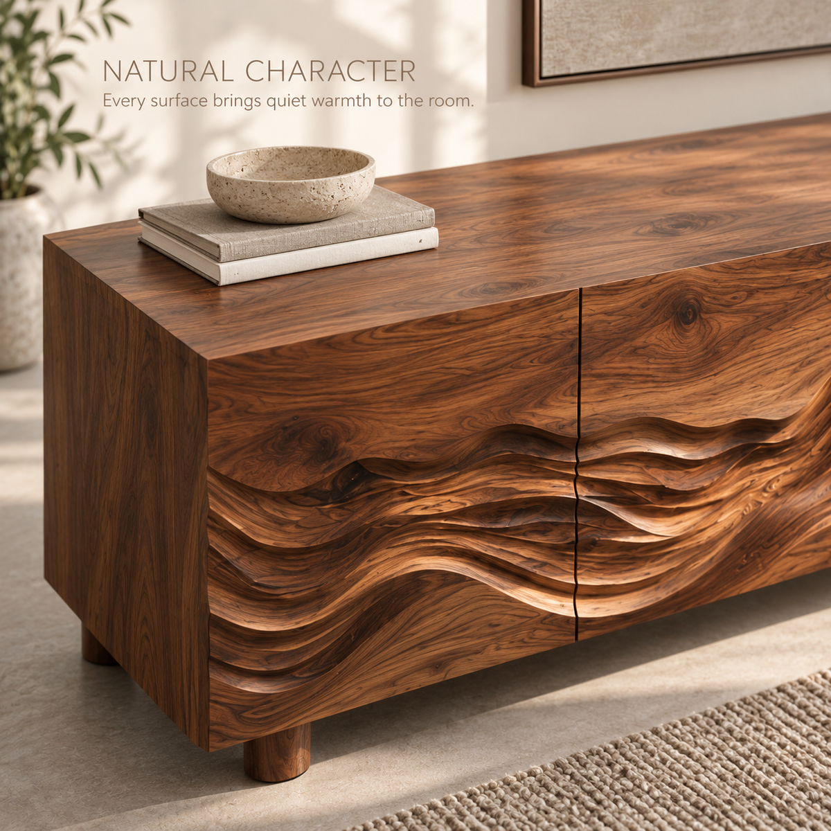 Avira Sculptural Solid Wood TV Stand - Design 099 - product detail and styling view 4
