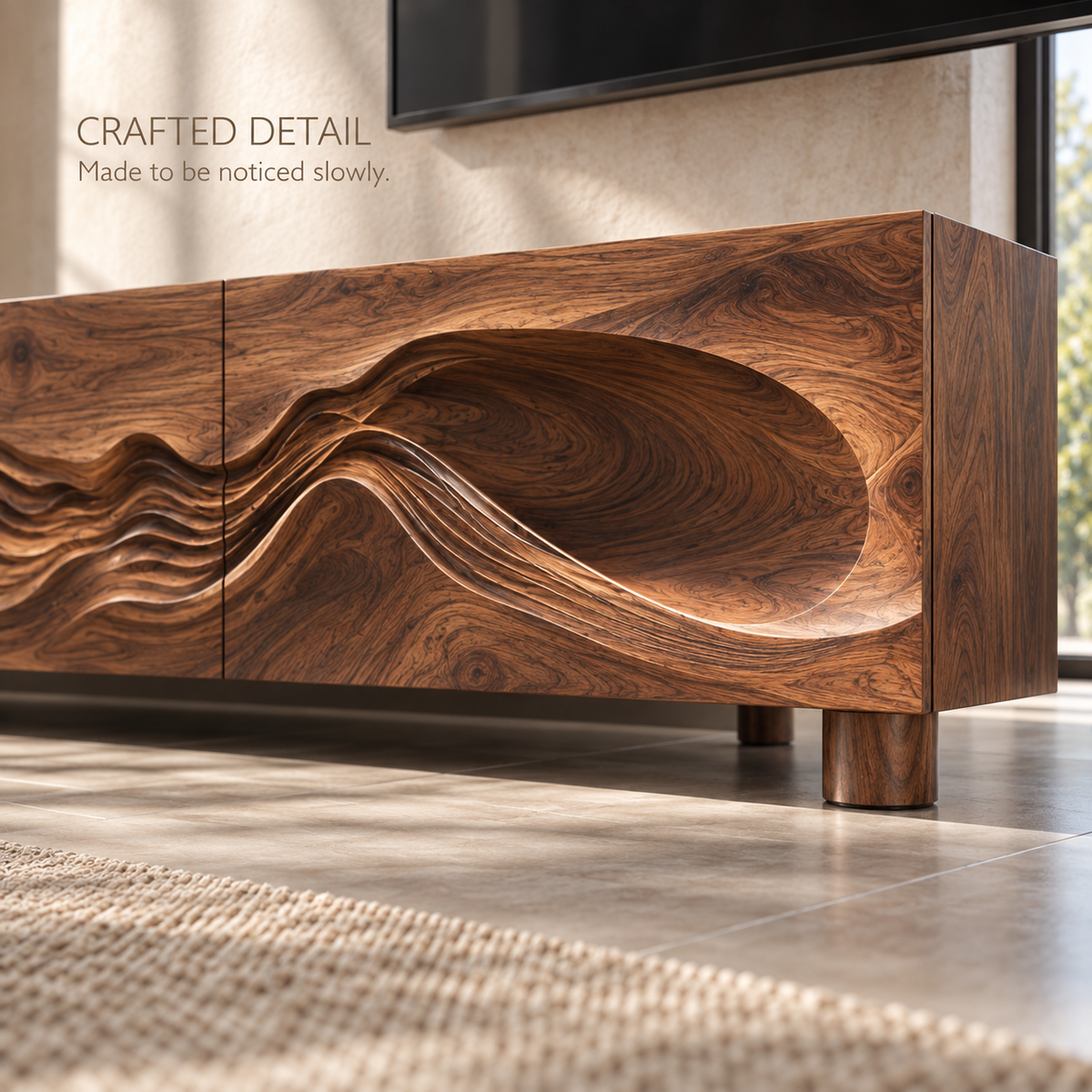 Avira Sculptural Solid Wood TV Stand - Design 099 - product detail and styling view 5