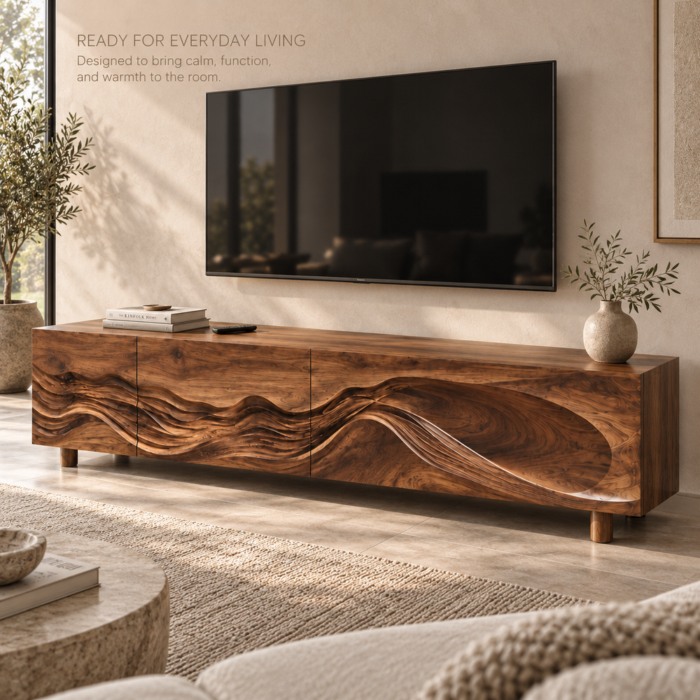 Avira Sculptural Solid Wood TV Stand - Design 099 - product detail and styling view 6