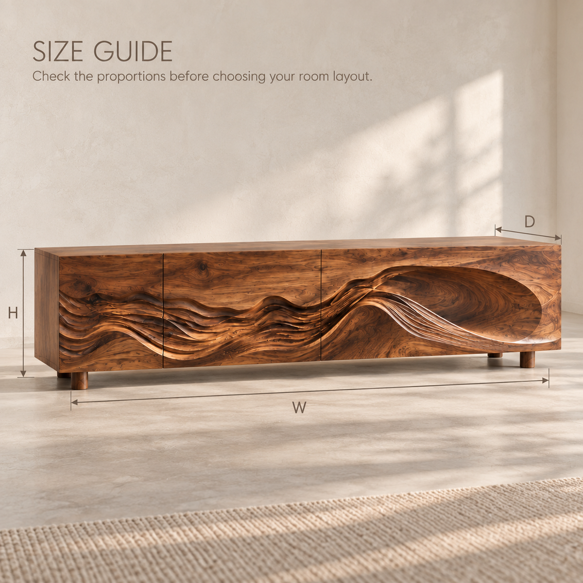 Avira Sculptural Solid Wood TV Stand - Design 099 - product detail and styling view 7
