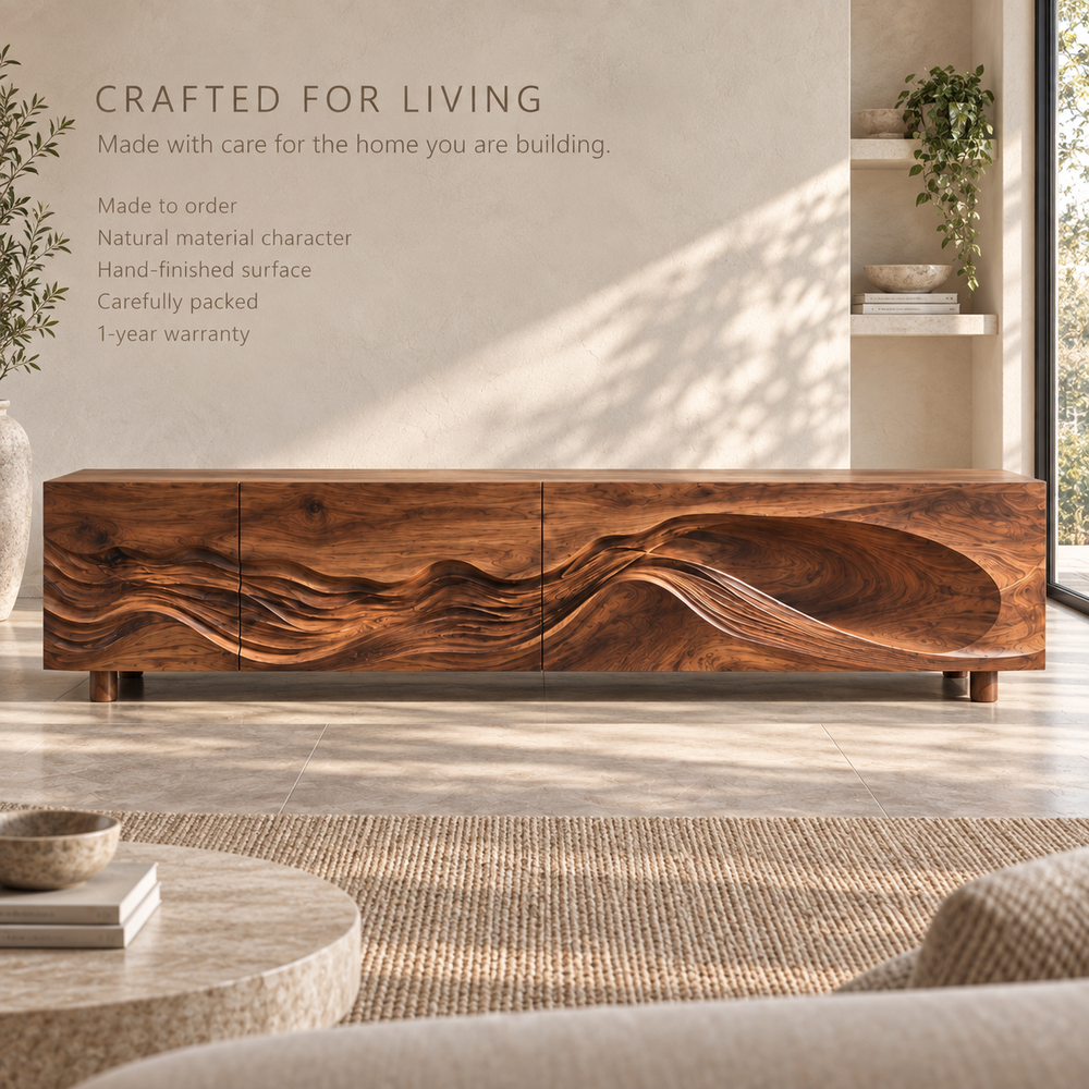 Avira Sculptural Solid Wood TV Stand - Design 099 - product detail and styling view 8