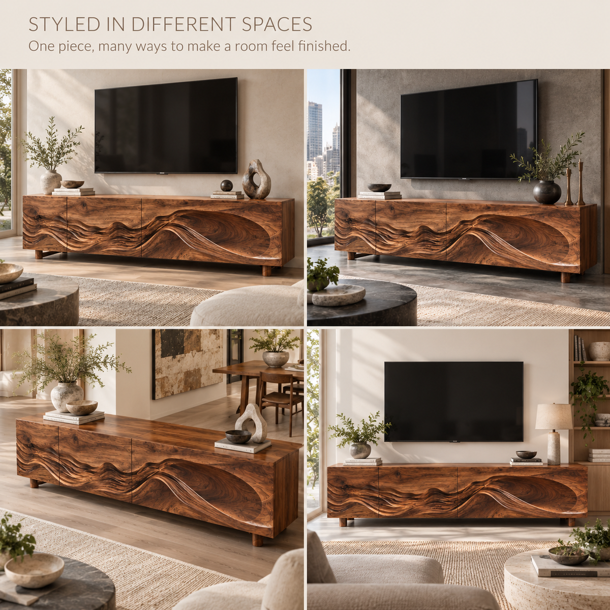 Avira Sculptural Solid Wood TV Stand - Design 099 - product detail and styling view 9