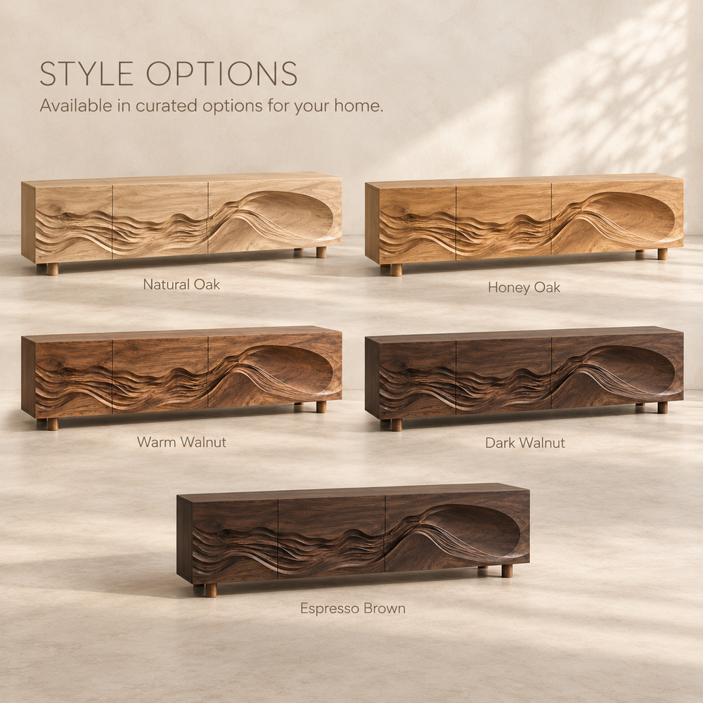 Avira Sculptural Solid Wood TV Stand - Design 099 - product detail and styling view 10