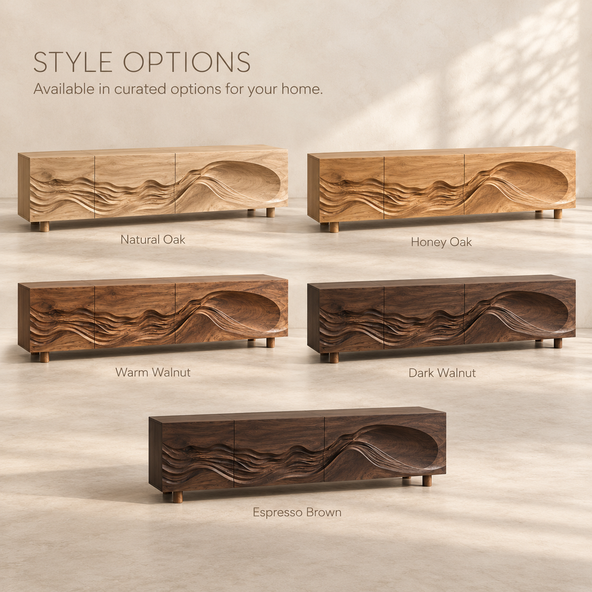 Avira Sculptural Solid Wood TV Stand - Design 099 - product detail and styling view 10