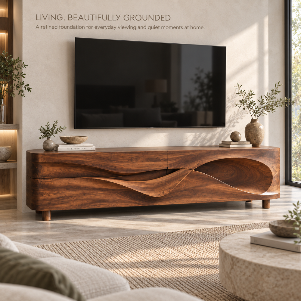 Lorien Sculptural Solid Wood TV Stand - Design 100 - main lifestyle view
