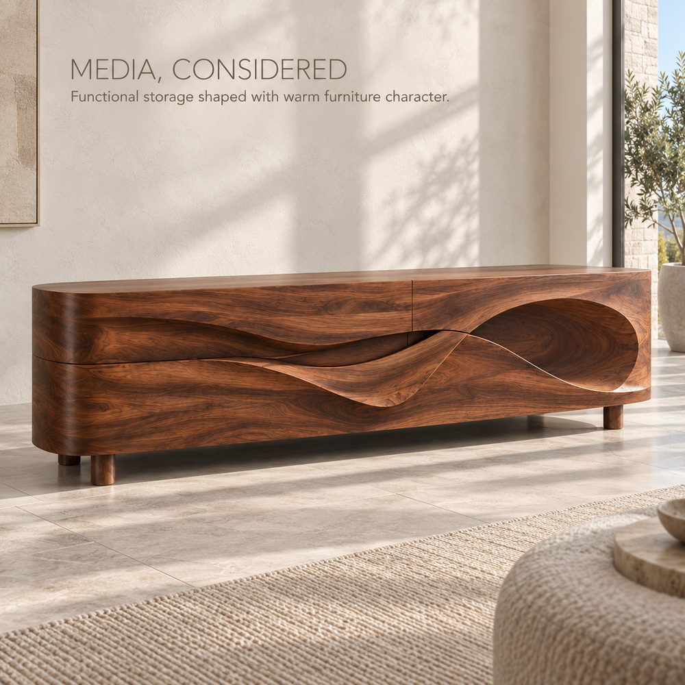 Lorien Sculptural Solid Wood TV Stand - Design 100 - product detail and styling view 2