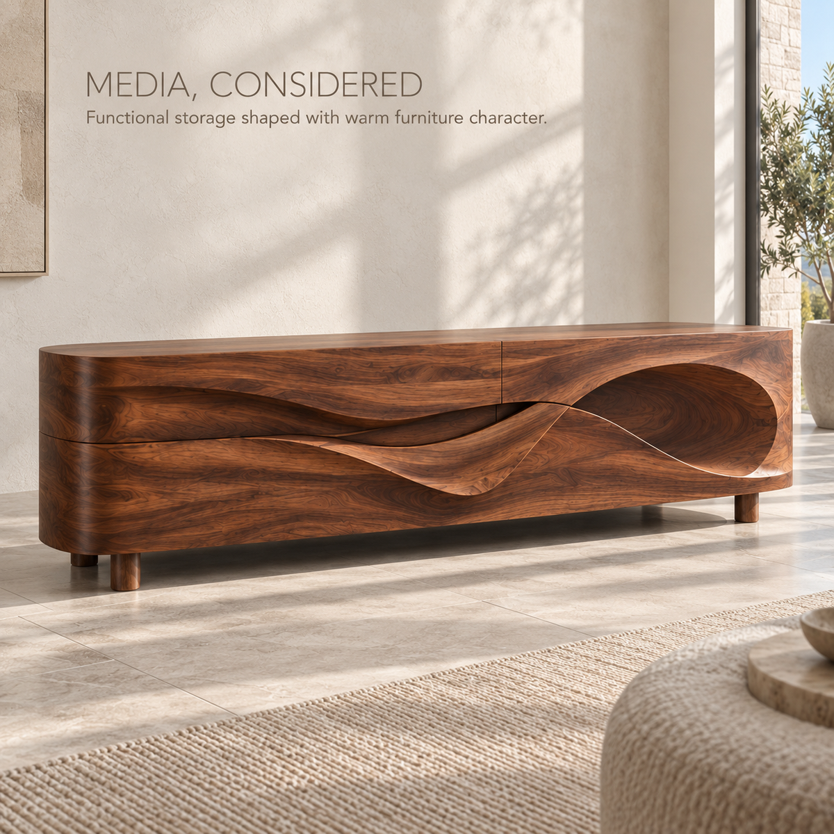 Lorien Sculptural Solid Wood TV Stand - Design 100 - product detail and styling view 2