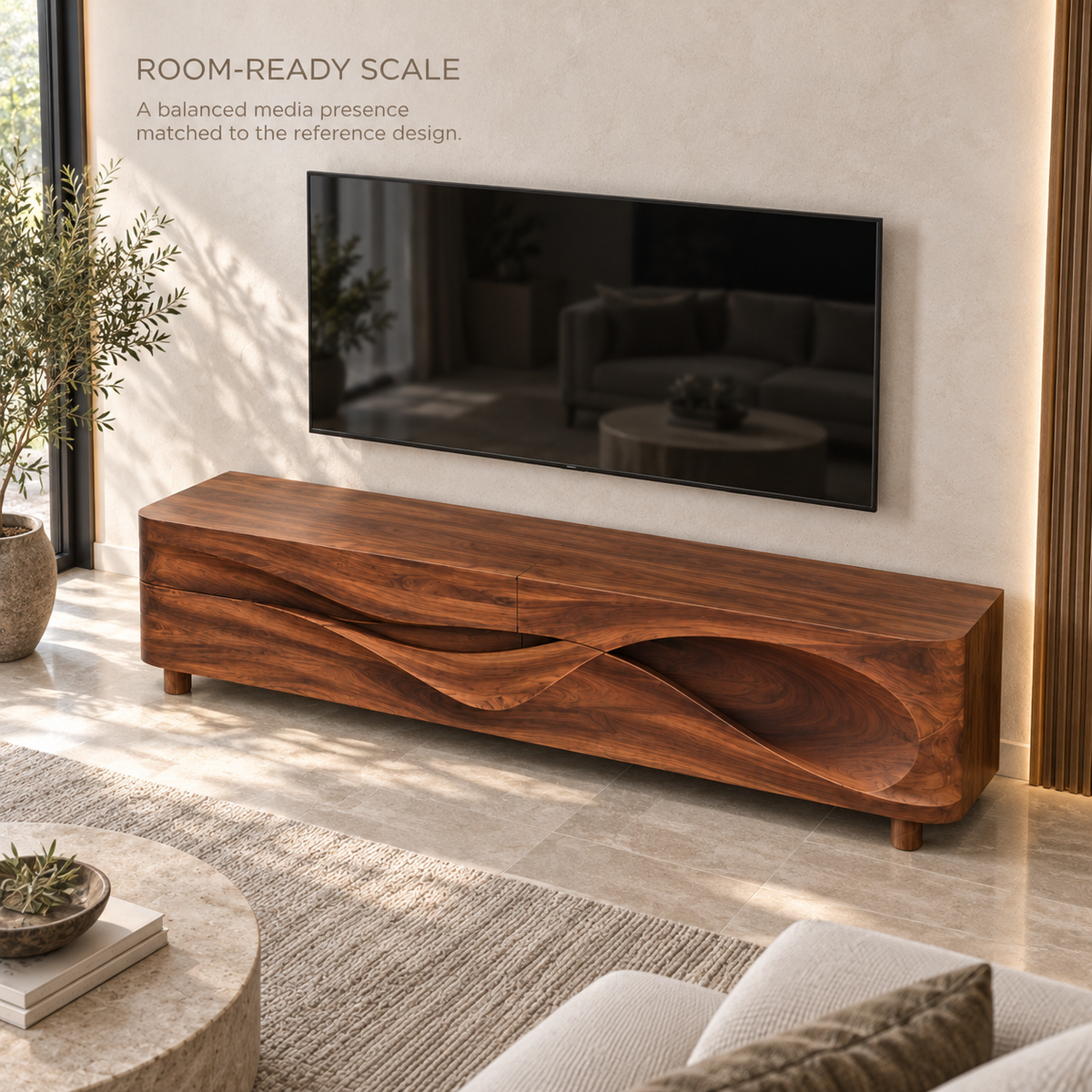Lorien Sculptural Solid Wood TV Stand - Design 100 - product detail and styling view 3