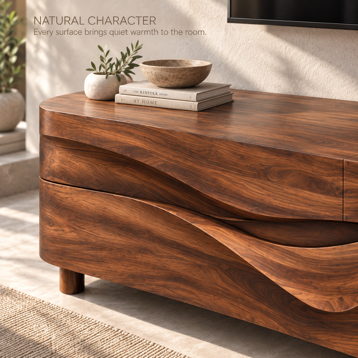 Lorien Sculptural Solid Wood TV Stand - Design 100 - product detail and styling view 4