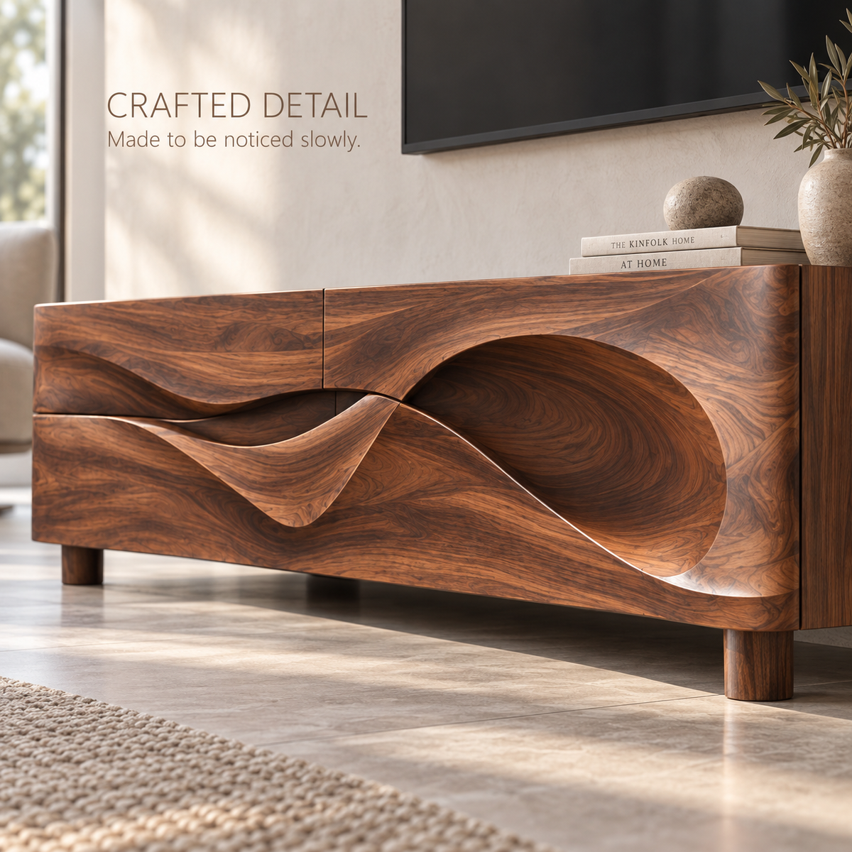 Lorien Sculptural Solid Wood TV Stand - Design 100 - product detail and styling view 5