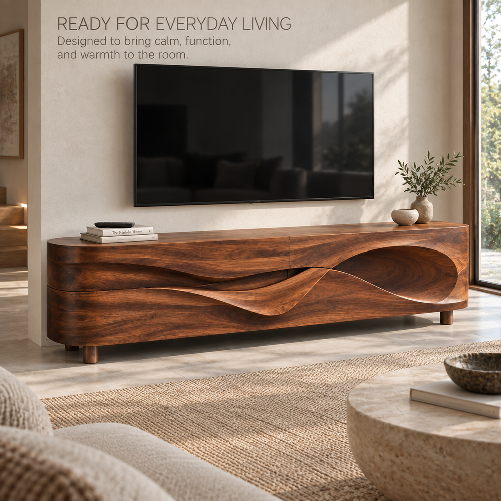 Lorien Sculptural Solid Wood TV Stand - Design 100 - product detail and styling view 6