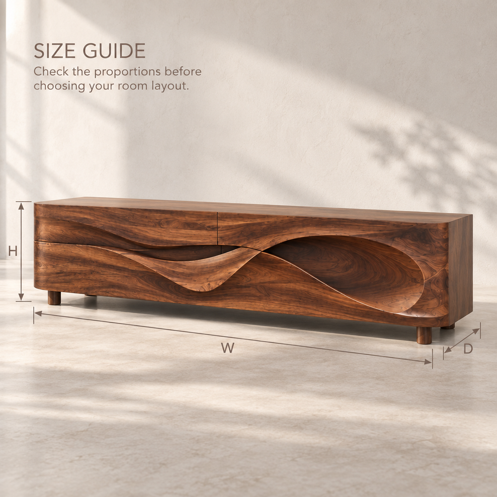 Lorien Sculptural Solid Wood TV Stand - Design 100 - product detail and styling view 7