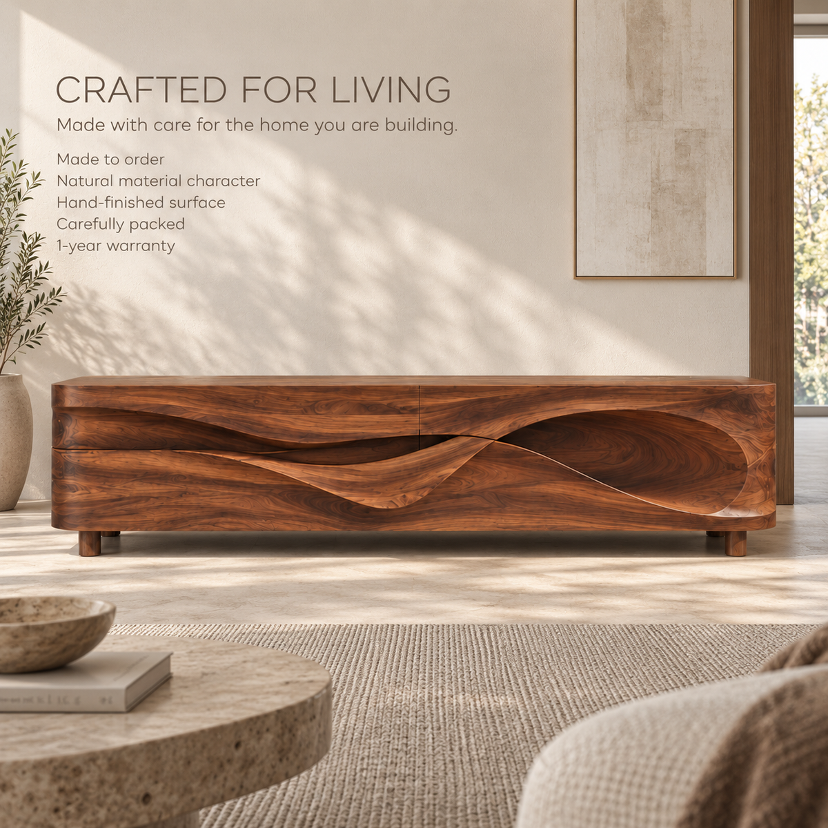 Lorien Sculptural Solid Wood TV Stand - Design 100 - product detail and styling view 8