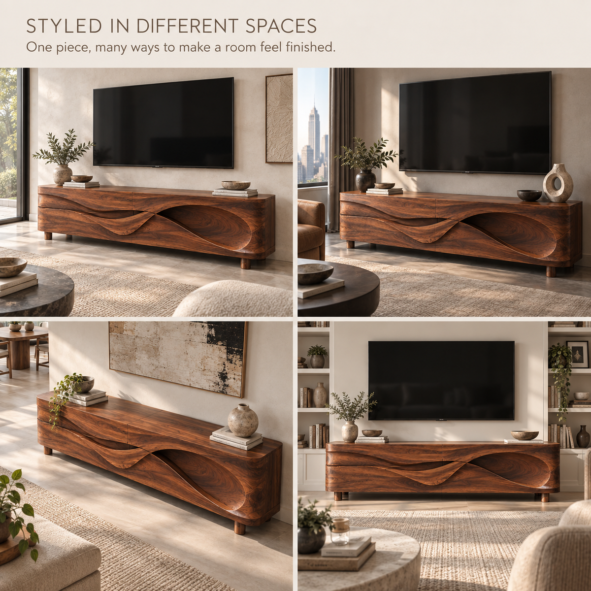 Lorien Sculptural Solid Wood TV Stand - Design 100 - product detail and styling view 9
