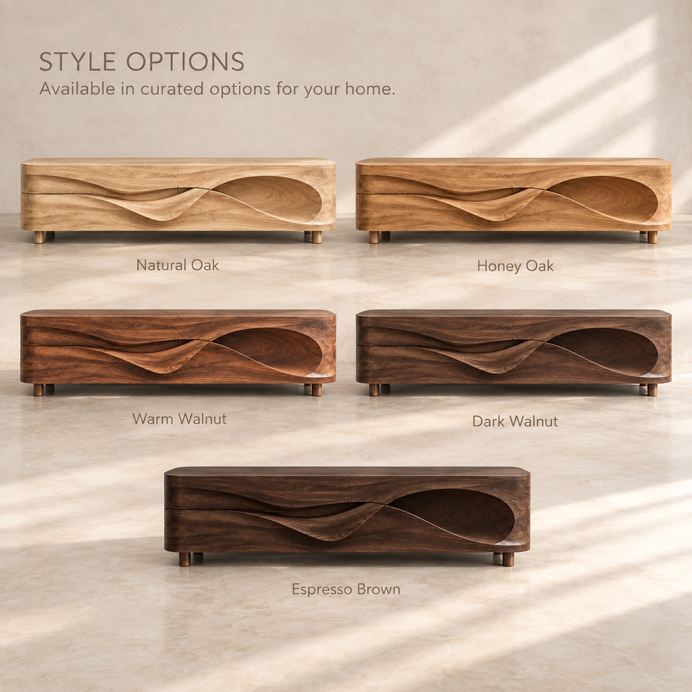 Lorien Sculptural Solid Wood TV Stand - Design 100 - product detail and styling view 10