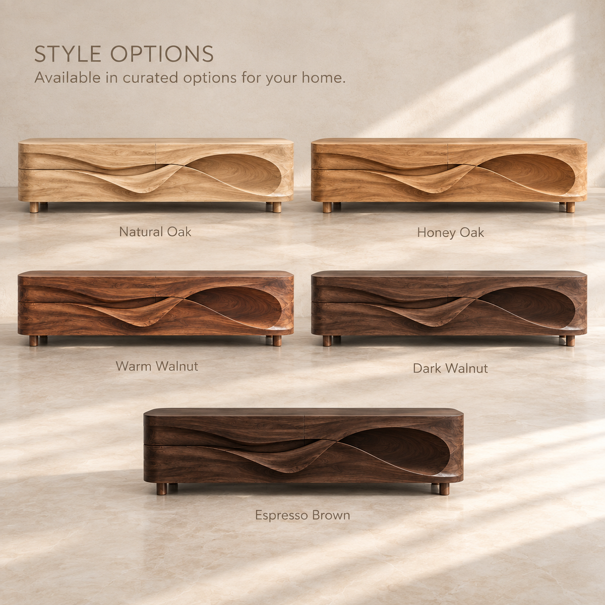 Lorien Sculptural Solid Wood TV Stand - Design 100 - product detail and styling view 10