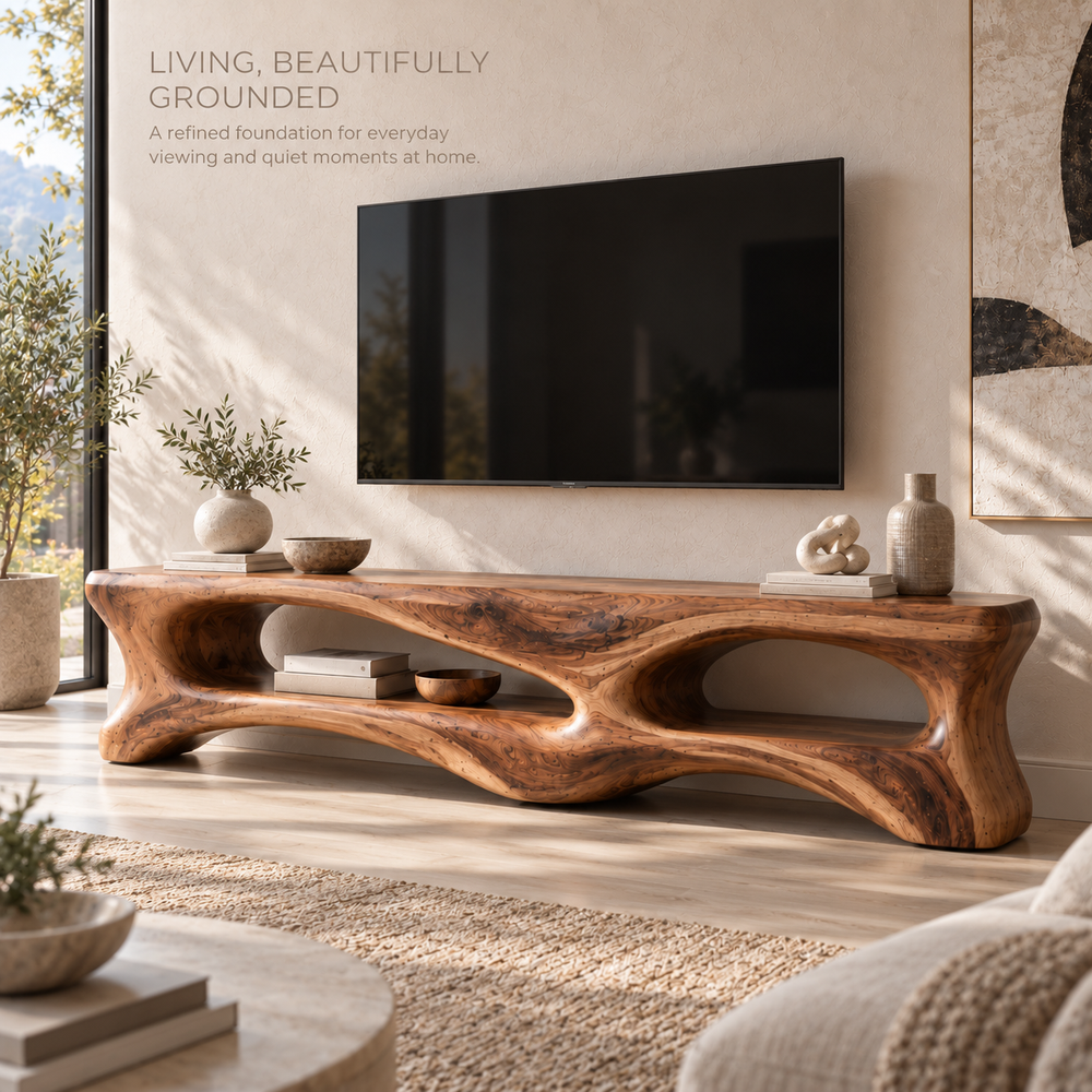 Cassian Sculptural Solid Wood TV Stand - Design 101 - main lifestyle view
