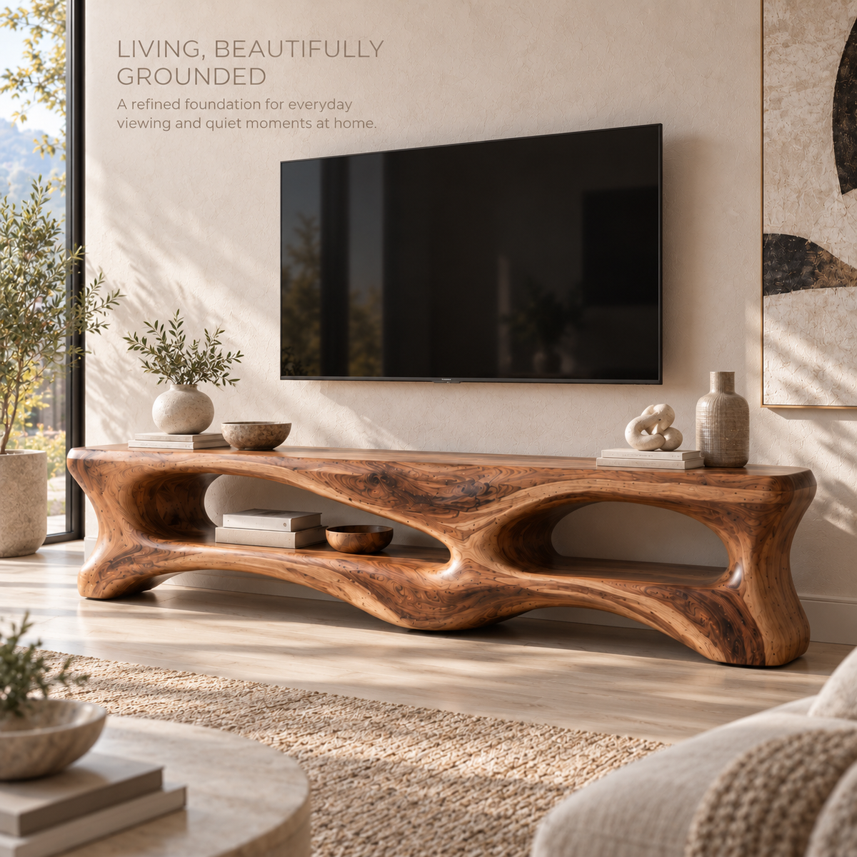 Cassian Sculptural Solid Wood TV Stand - Design 101 - main lifestyle view