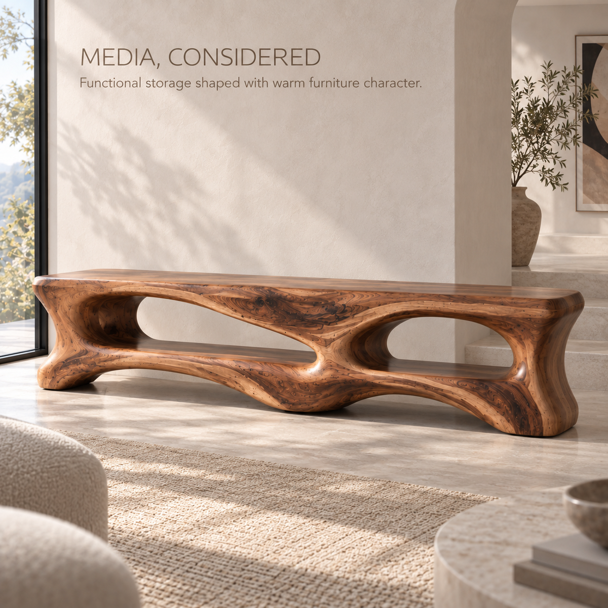 Cassian Sculptural Solid Wood TV Stand - Design 101 - product detail and styling view 2