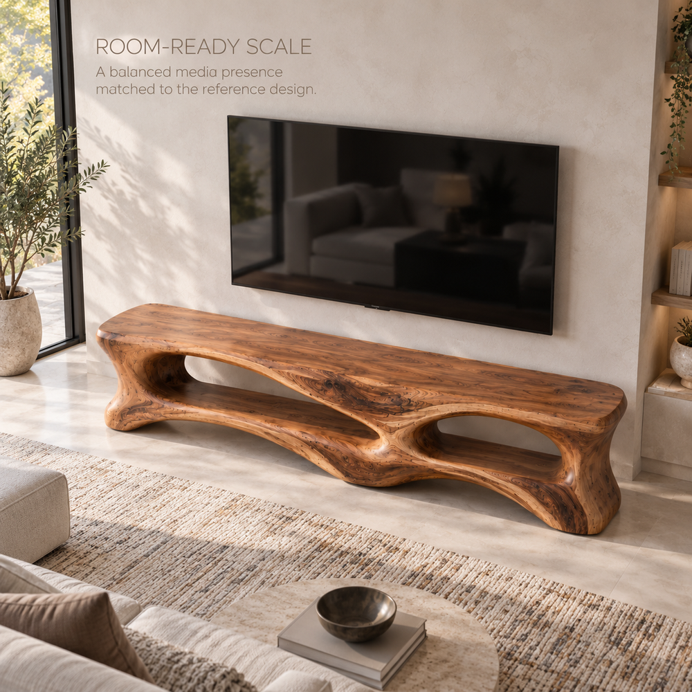 Cassian Sculptural Solid Wood TV Stand - Design 101 - product detail and styling view 3