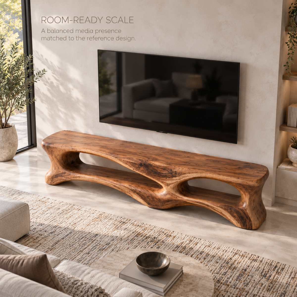 Cassian Sculptural Solid Wood TV Stand - Design 101 - product detail and styling view 3