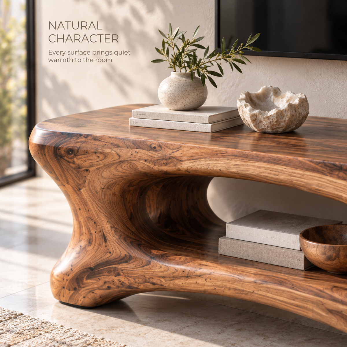 Cassian Sculptural Solid Wood TV Stand - Design 101 - product detail and styling view 4