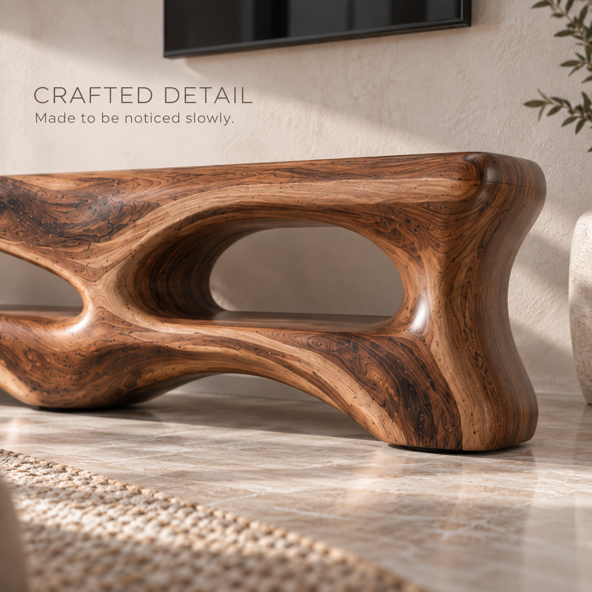 Cassian Sculptural Solid Wood TV Stand - Design 101 - product detail and styling view 5