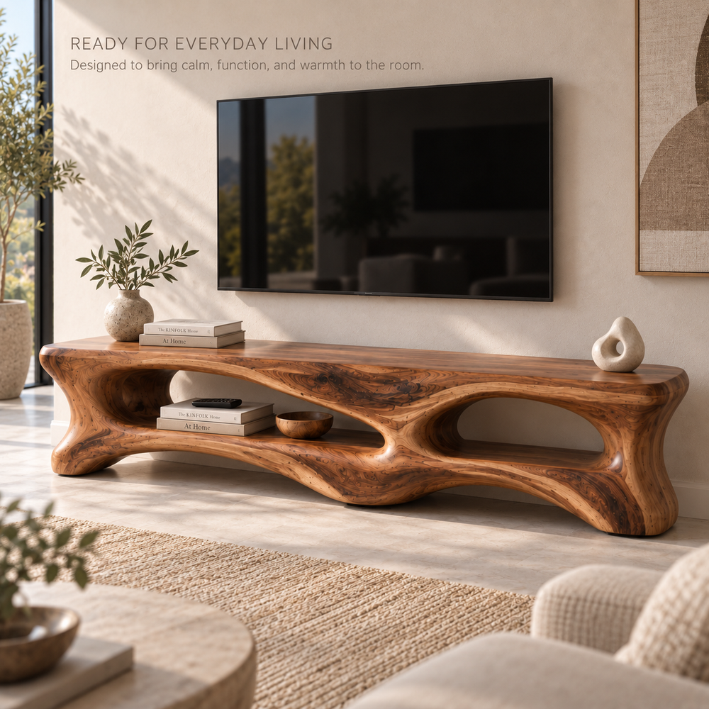 Cassian Sculptural Solid Wood TV Stand - Design 101 - product detail and styling view 6