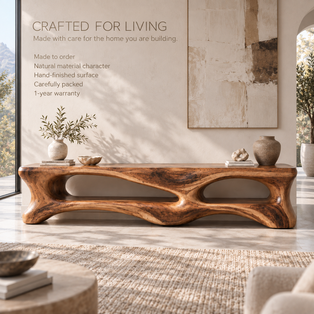 Cassian Sculptural Solid Wood TV Stand - Design 101 - product detail and styling view 8