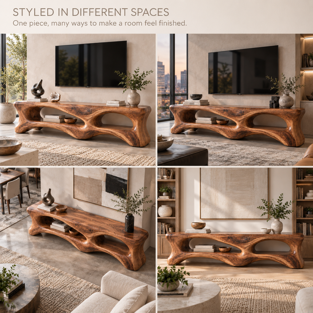 Cassian Sculptural Solid Wood TV Stand - Design 101 - product detail and styling view 9