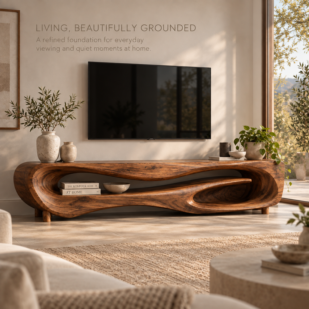 Noelle Sculptural Solid Wood TV Stand - Design 103 - main lifestyle view