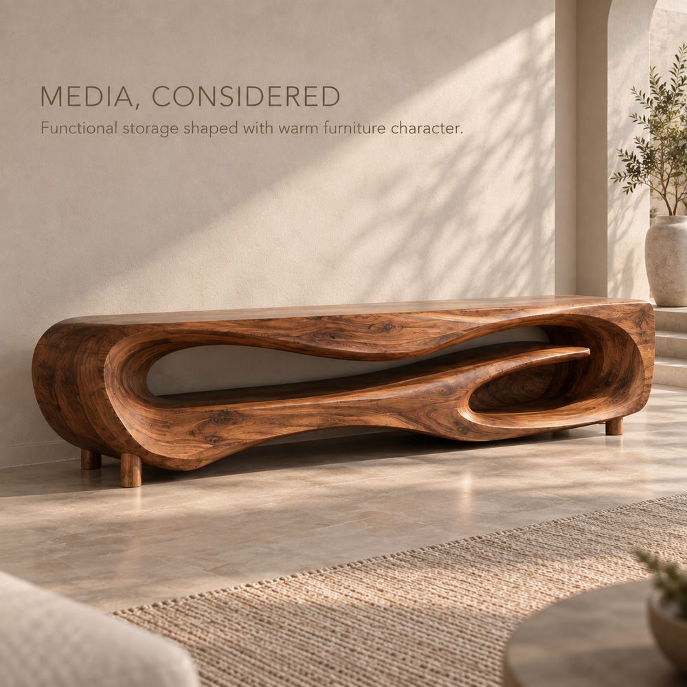 Noelle Sculptural Solid Wood TV Stand - Design 103 - product detail and styling view 2