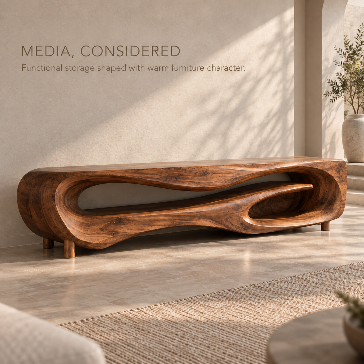 Noelle Sculptural Solid Wood TV Stand - Design 103 - product detail and styling view 2